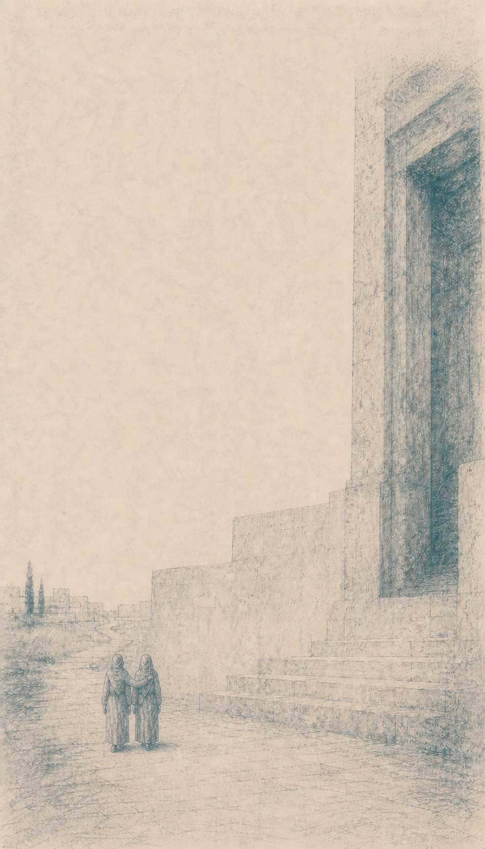 The widow and a companion walk away together from the immense hall, the companion's arm resting gently around her shoulders.
