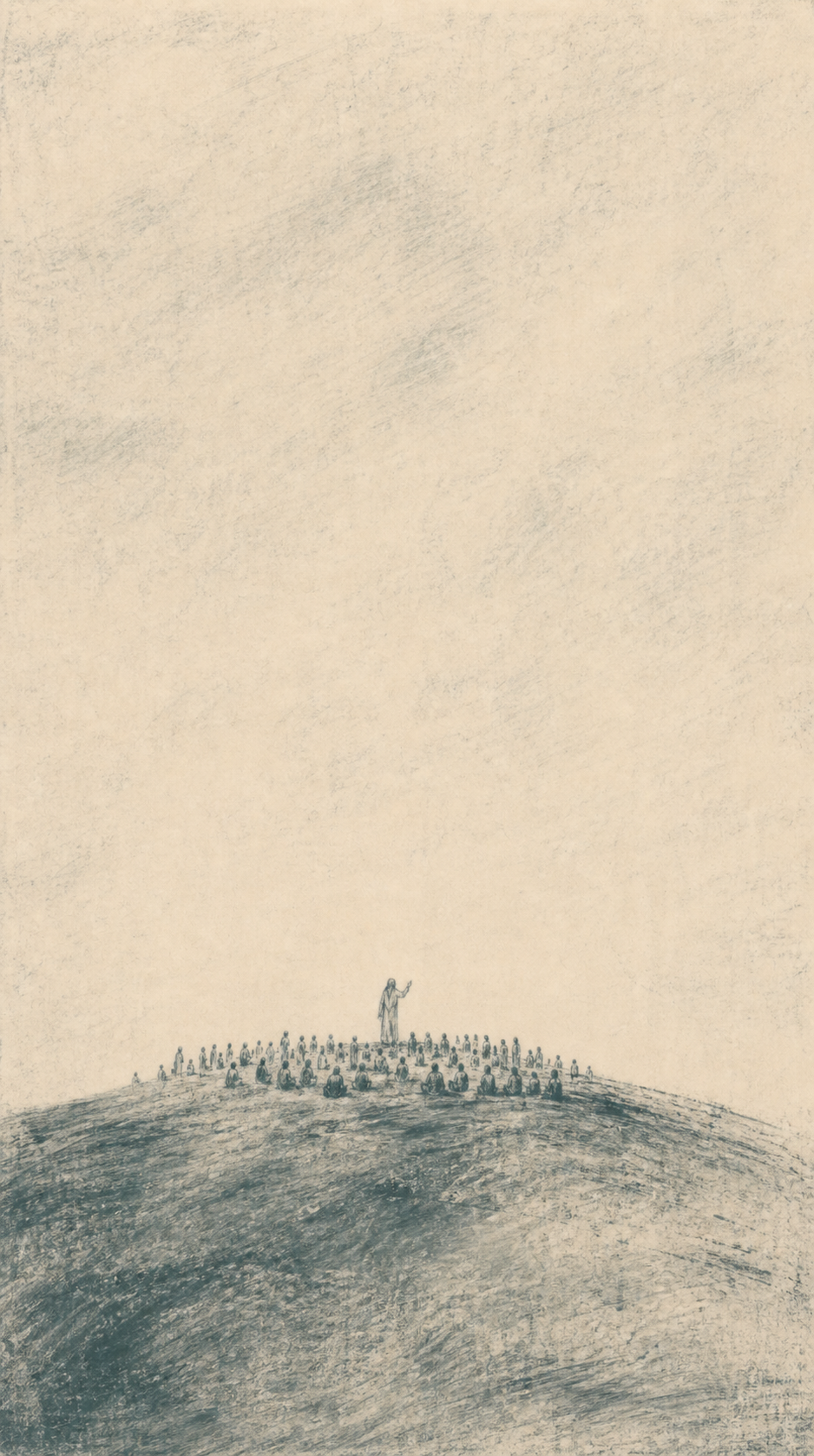 Jesus teaches a closely gathered multitude on a spare sunlit hillside.