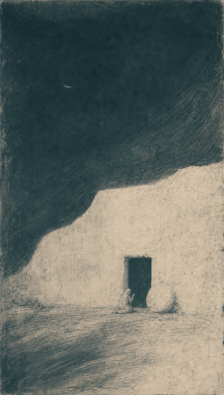 Mary kneels before the open tomb beneath a vast dark sky.