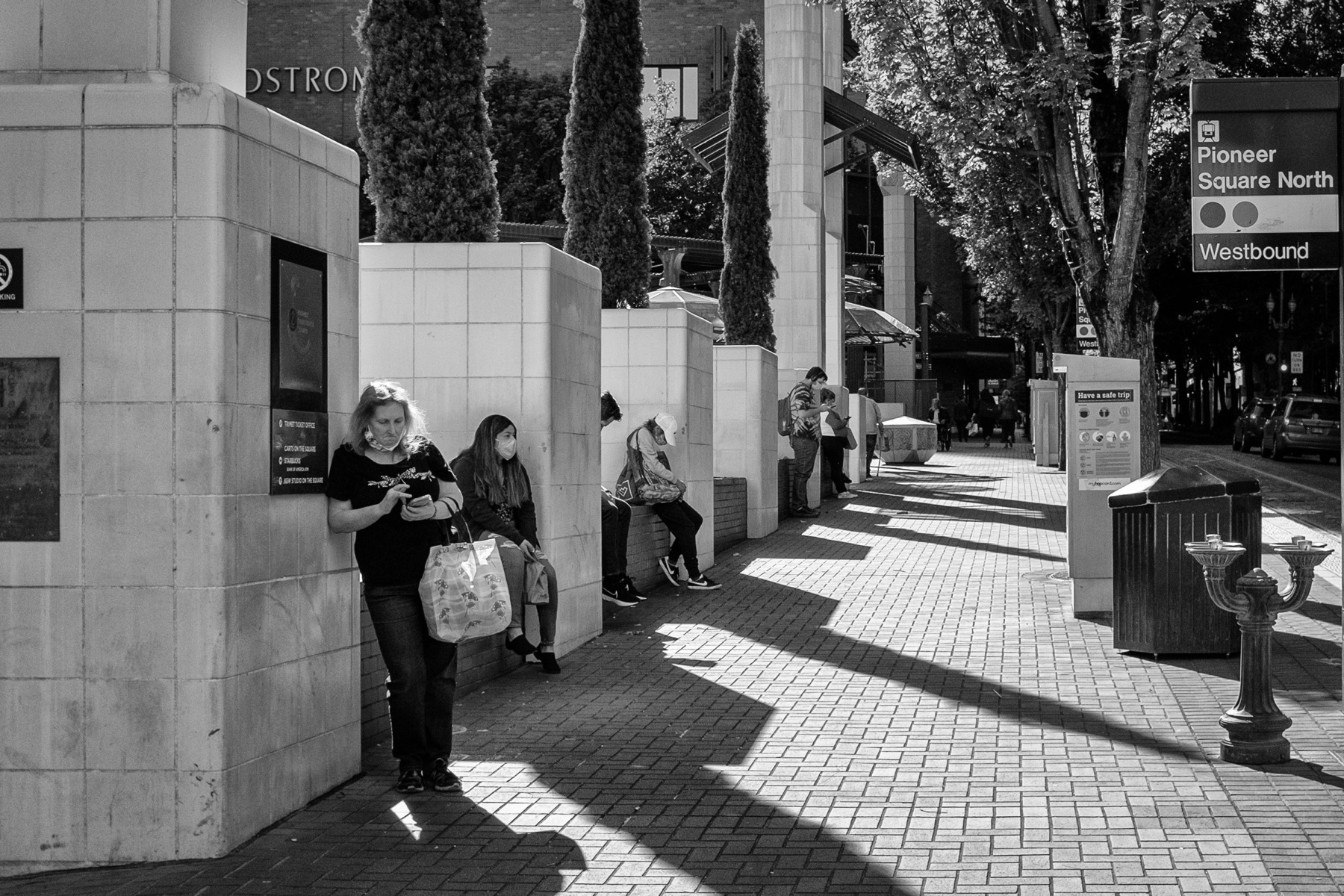 People wait and pass through Portland's Pioneer Square station.